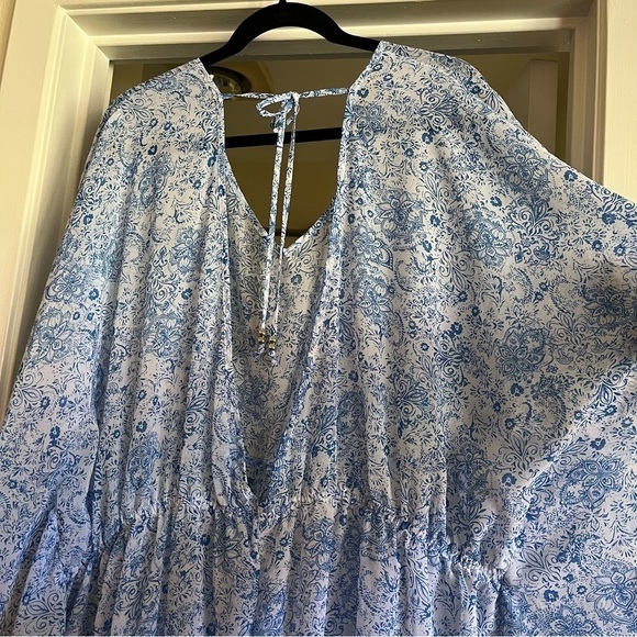 Time and Tru blue and white chiffon floral print ruffle hem swim suit coverup - Picture 4 of 8